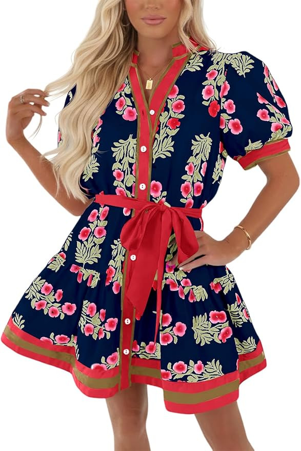 Wenrine Womens Summer Floral Mini Dress Puff Short Sleeve V Neck Button Down Casual Loose Boho Be... | Amazon (US)