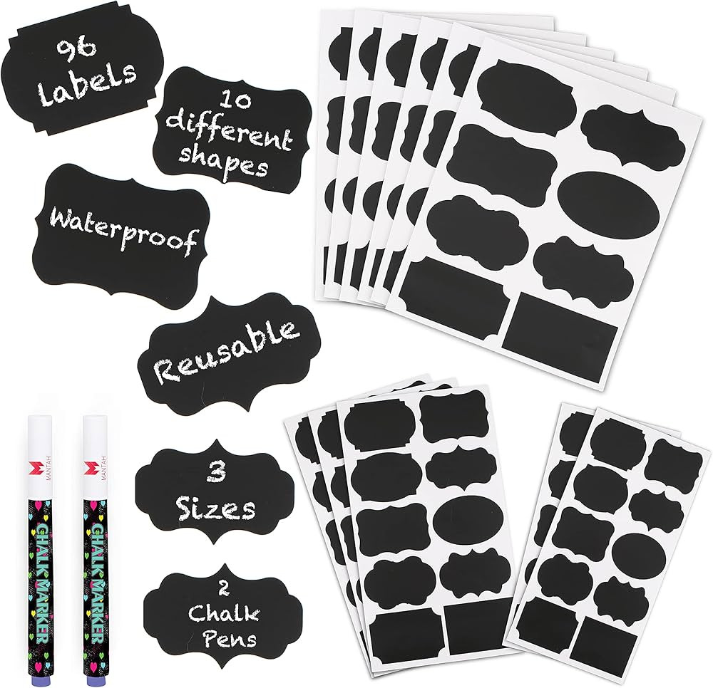 Mantah Chalkboard Label Stickers 96pcs - 9 Assorted Shapes in 3 Sizes with 2 White Chalk Marker, ... | Amazon (US)