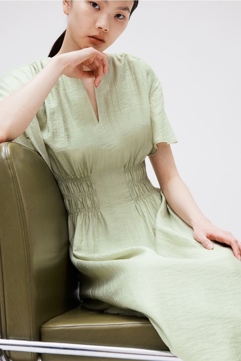 Long Smocked-waist Dress - Pistachio green - Ladies | H&M US | H&M (US + CA)