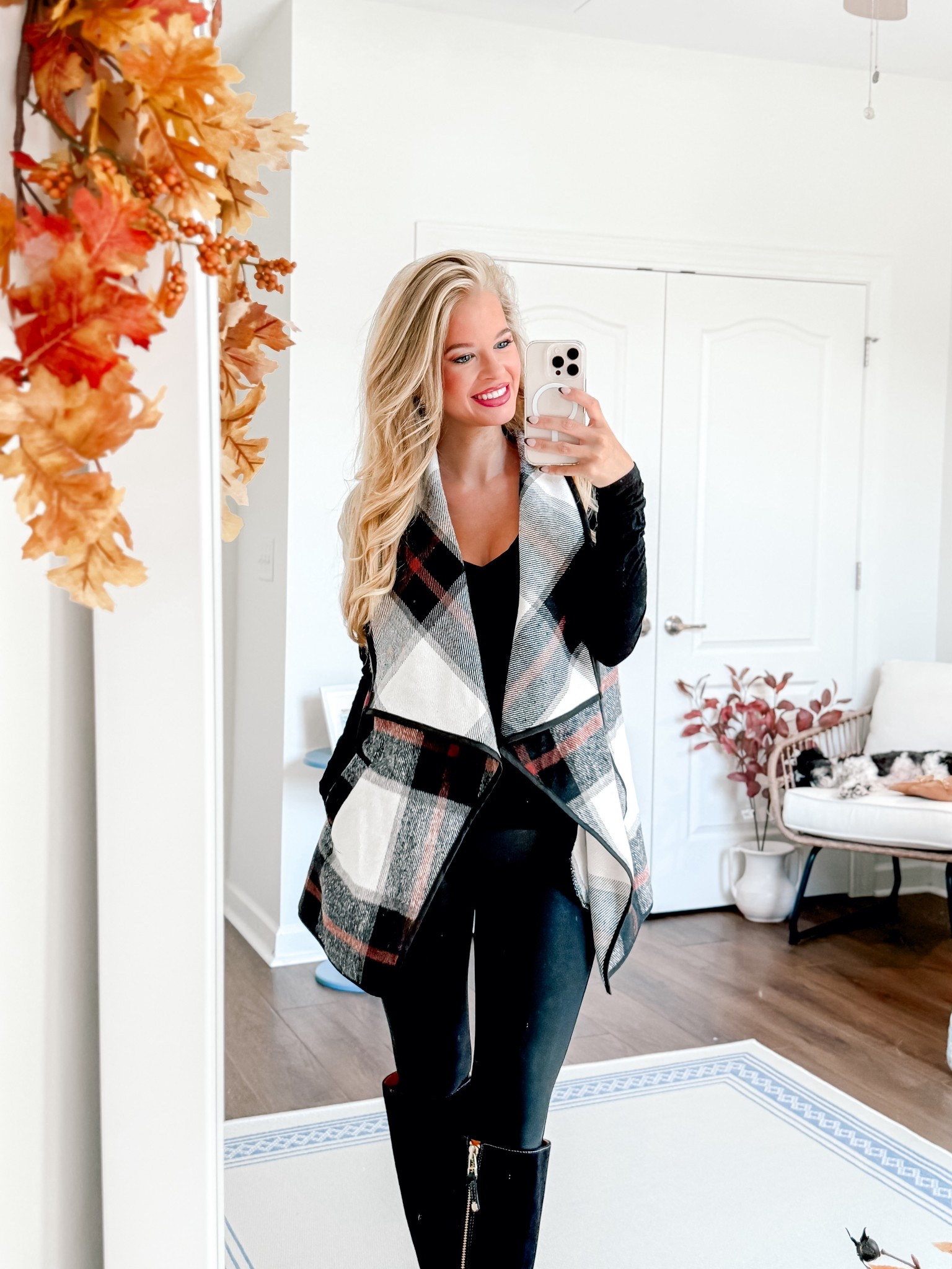 Fall fashion outfit 
Plaid cardigan vest 
Amazon fashion outfit 
Petite fashion 
Black leather leggings
Black boots 
Casual 


#LTKFallSale #LTKPetite #LTKFindsUnder50