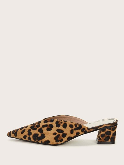Point Toe Leopard Print Block Heeled Mules | SHEIN