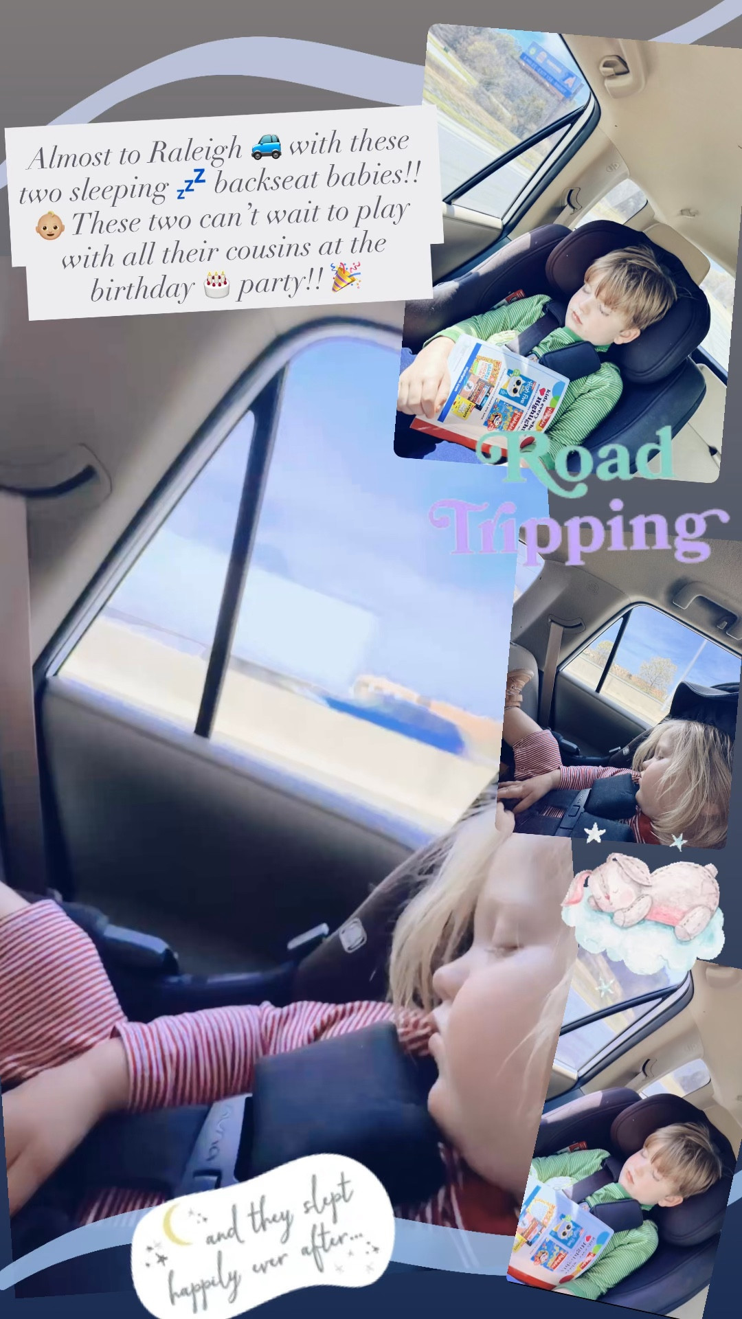 Almost to Raleigh 🚙 with these two sleeping 💤 backseat babies!! 👶🏼 These two can’t wait to play with all their cousins at the birthday 🎂 party!! 🎉 