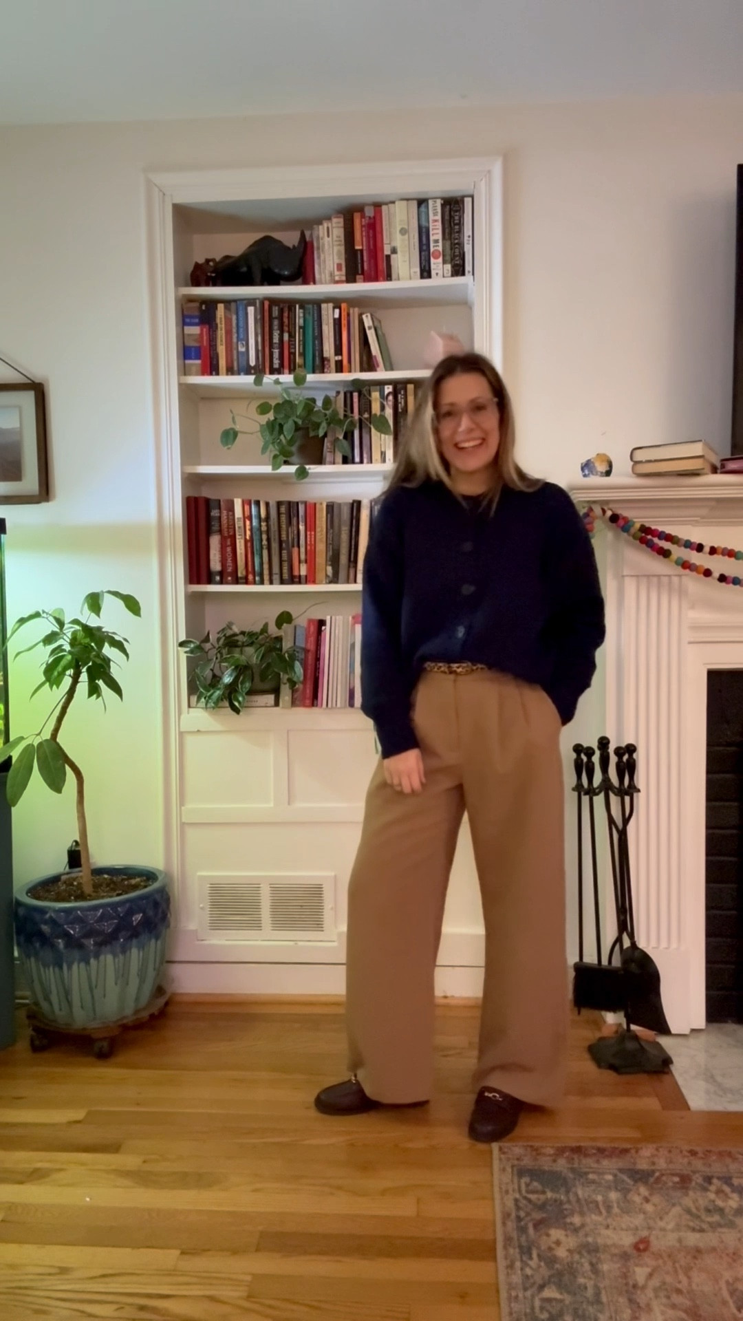 Navy and animal print will always be one of my favorite combinations! Today's office look included wide leg trousers, loafers, this beautiful thick cardigan and a fun pop with a printed belt. What’s your favorite neutral + pattern combo?

I got the trousers in a short, so I could wear flats  

#LTKFindsUnder100 #LTKWorkwear #LTKootd