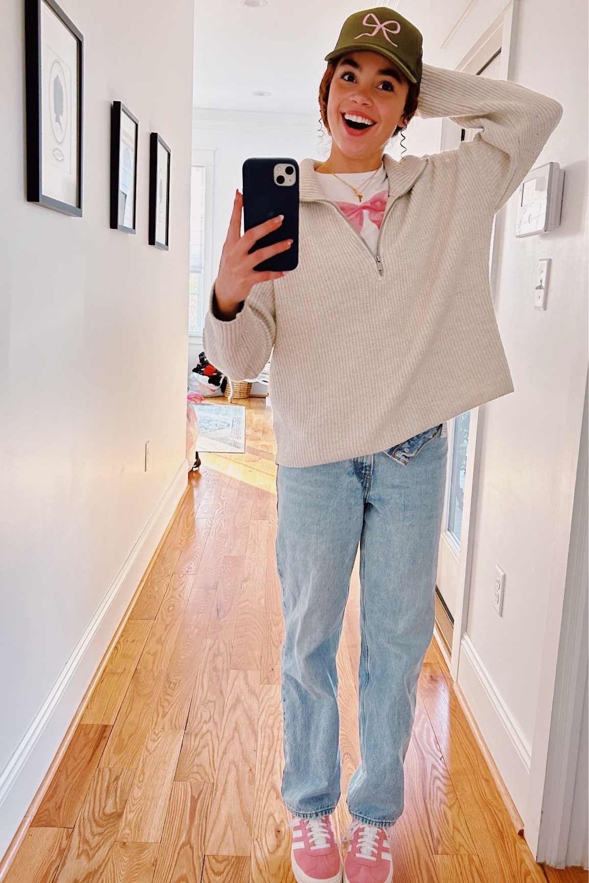 jeans- levi dad jeans
tshirt- in print we trust
quarter zip- old navy 
hat- stanley mccall 
