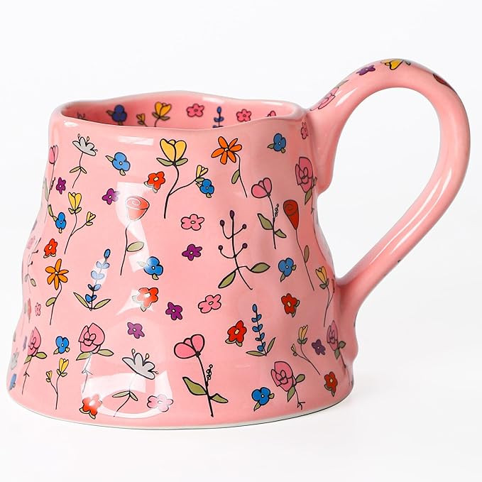 Mkour 16oz Large Ceramic Coffee Mugs, Handmade Big Tea Cups, Floral Design, Wide Bottom with Larg... | Amazon (US)