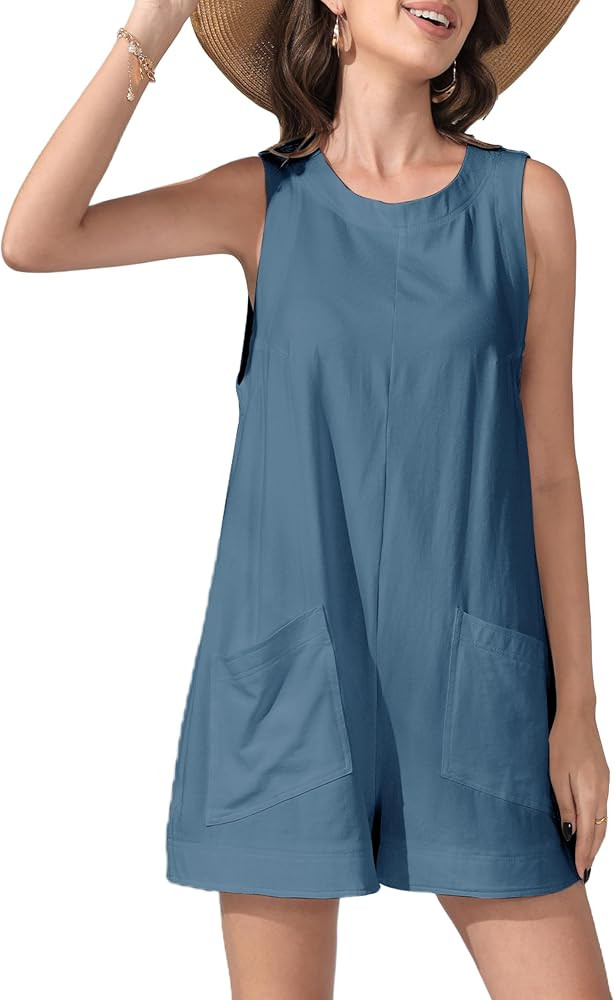 Women's Summer Casual Rompers Sleeveless Loose Stretchy Shorts Jumpsuits Overalls with Pockets | Amazon (US)