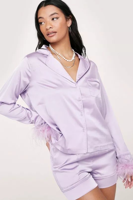 Satin Feather Pajama Shirt and Shorts Set | Nasty Gal (US)