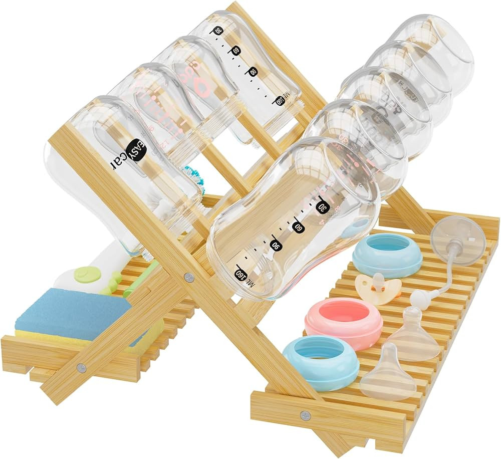 Baby Bottle Drying Rack Foldable Vertical Bamboo Milk Bottle and Accessories Organizer - Ideal fo... | Amazon (US)