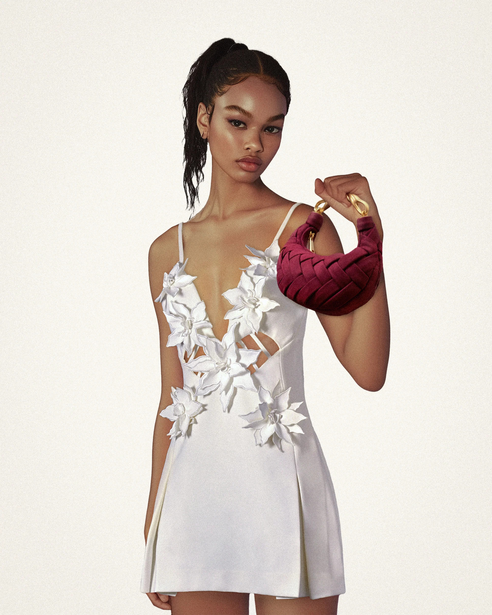 Yuliya White Floral Embellishment V-neckline Mini Dress - White | JW PEI US