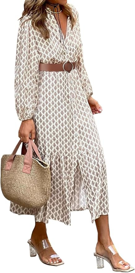 LOLONG Women's Casual Button Front Midi Dresses Spring 2025 Puff Long Sleeve Printed Ruffle Hem B... | Amazon (US)