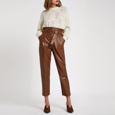 Dark brown paperbag waist pants | River Island (UK & IE)