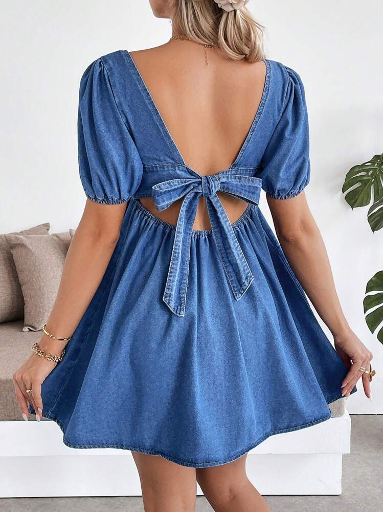 SHEIN Maternity Blue Denim Puff Sleeve Casual Mini Dress Sweet Bubble Sleeve Loose Fit Blue Dress,Bow Dress,Renaissance Dress,Backless/ Open Back ,Summer/Summer Outfits For Women,Suitable For Parties, Holidays, Dates, Valentine's Day, Afternoon Tea,Spring Outfits For Women / Spring,Summer Outfits For Women / Summer / Summer Clothes / Cute Summer Tops,Easter Dress / Easter / Easter Outfit Women,Concert Outfit Women / Rave Outfits / Rave Outfits Festival / Country Concert Outfit / Nashville Outfits / Ibiza Outfits,Western Wear Women / Western / Western Clothes For Women,Cowgirl Outfits For Women / Rodeo Outfits For Women / Cowgirl Outfit,Beach Outfits For Woman / Beach, Brunch Outfits For Women | SHEIN