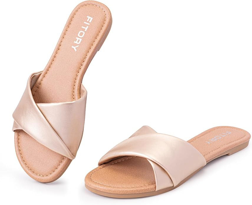 FITORY Women's Flat Sandals Fashion Slides With Soft Leather Slippers for Summer Size 6-11 | Amazon (US)