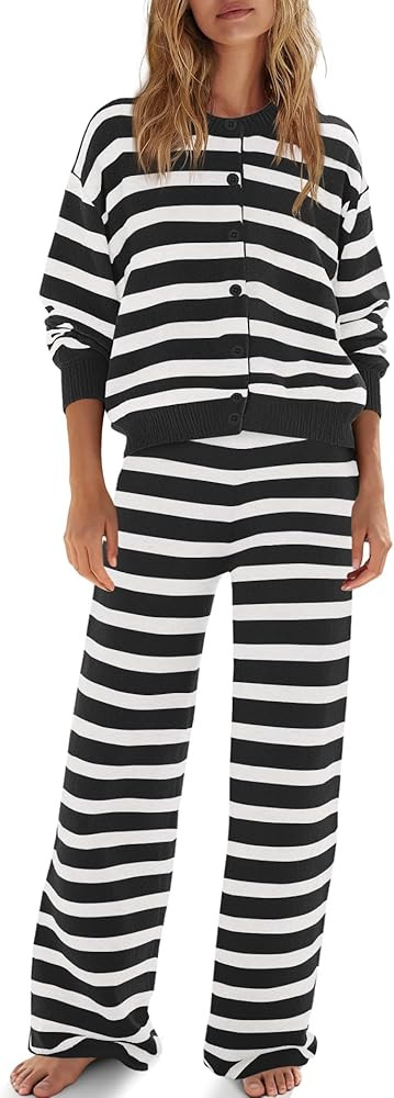 ReachMe Womens Oversized Striped 2 Piece Sets Button Up Cardigan and Wide Leg Pants with Pockets ... | Amazon (US)