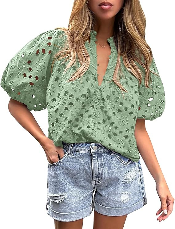 PRETTYGARDEN Women's Summer Tops 2026 Dressy Casual Short Sleeve V Neck Buttons Hollow Eyelet Lac... | Amazon (US)