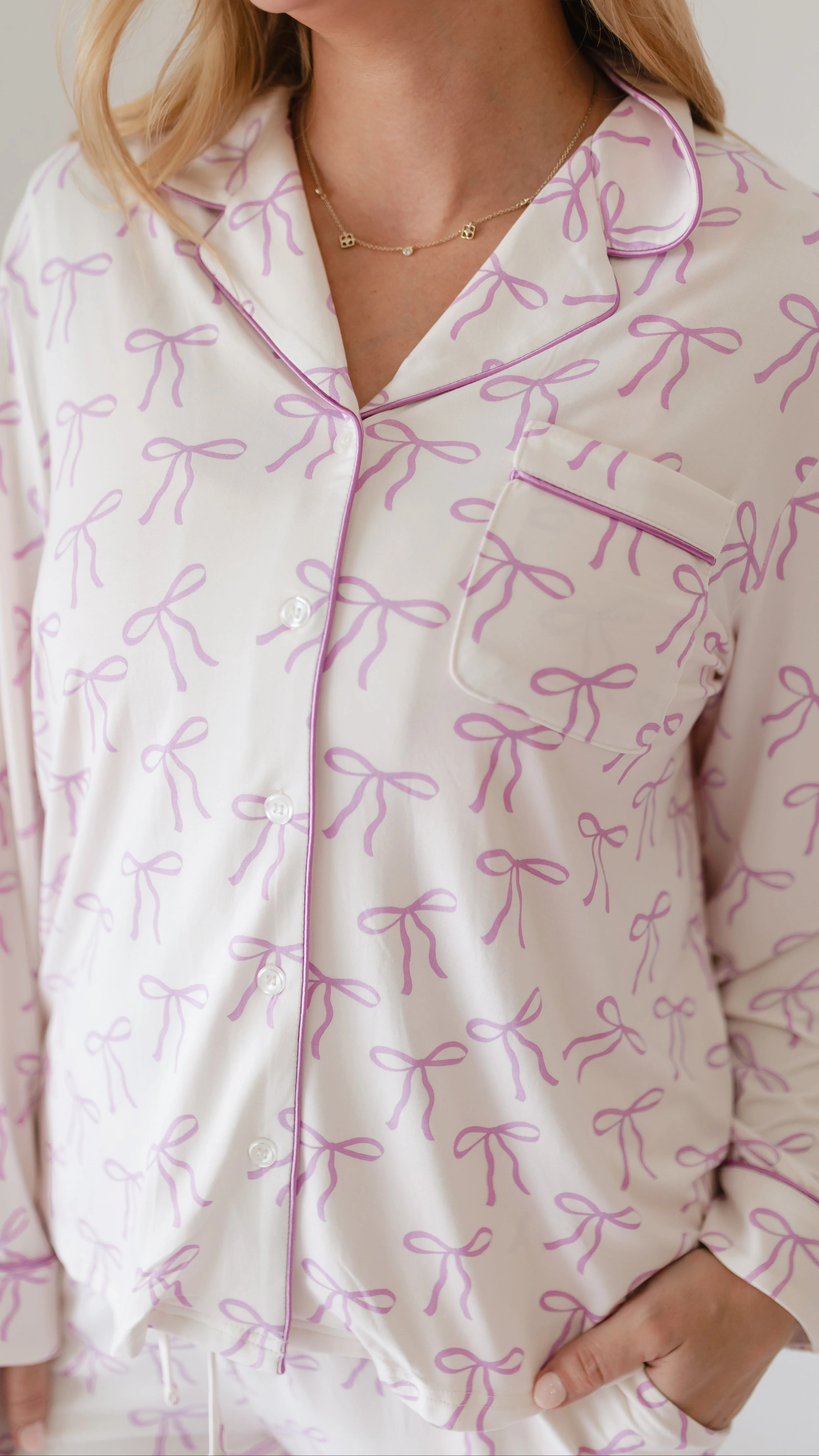 Women's Button Up Set In Purple Bows | Silks Design