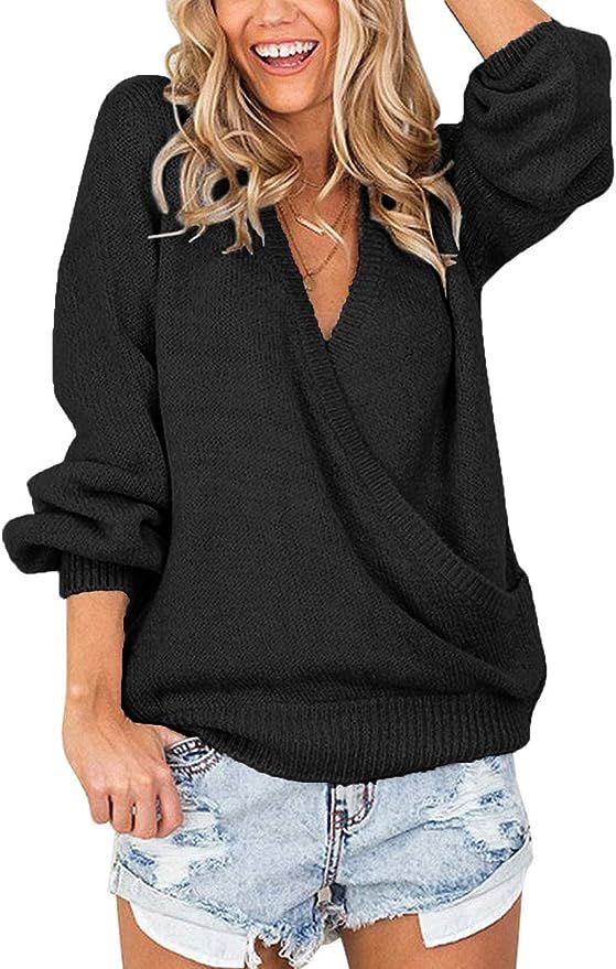 LookbookStore Women's Knit Long Sleeve Faux Wrap Surplice V Neck Sweater Top | Amazon (US)