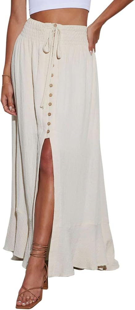 Minclouse Women's Elastic Tie Waist Button Down Maxi Skirts Casual Loose Flowy Swing Slit Front D... | Amazon (US)