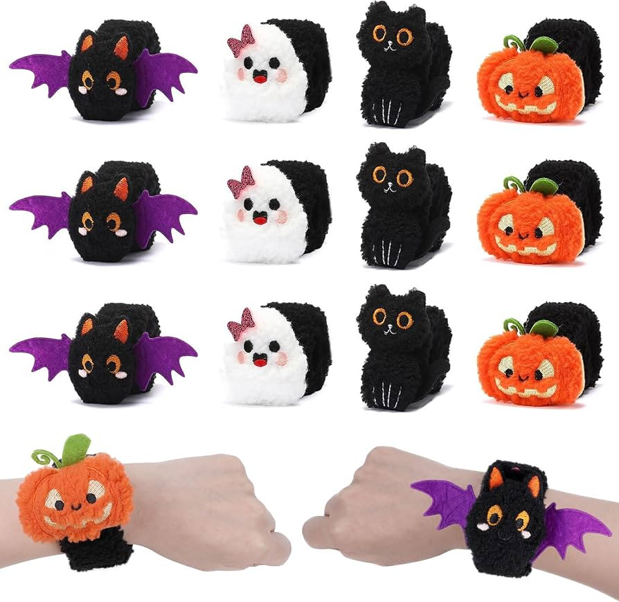 CCINEE 12 PCS Halloween Plush Character Slap Bracelets Cute Pumpkin Ghost Bat Cat Slap Bands Soft... | Amazon (US)