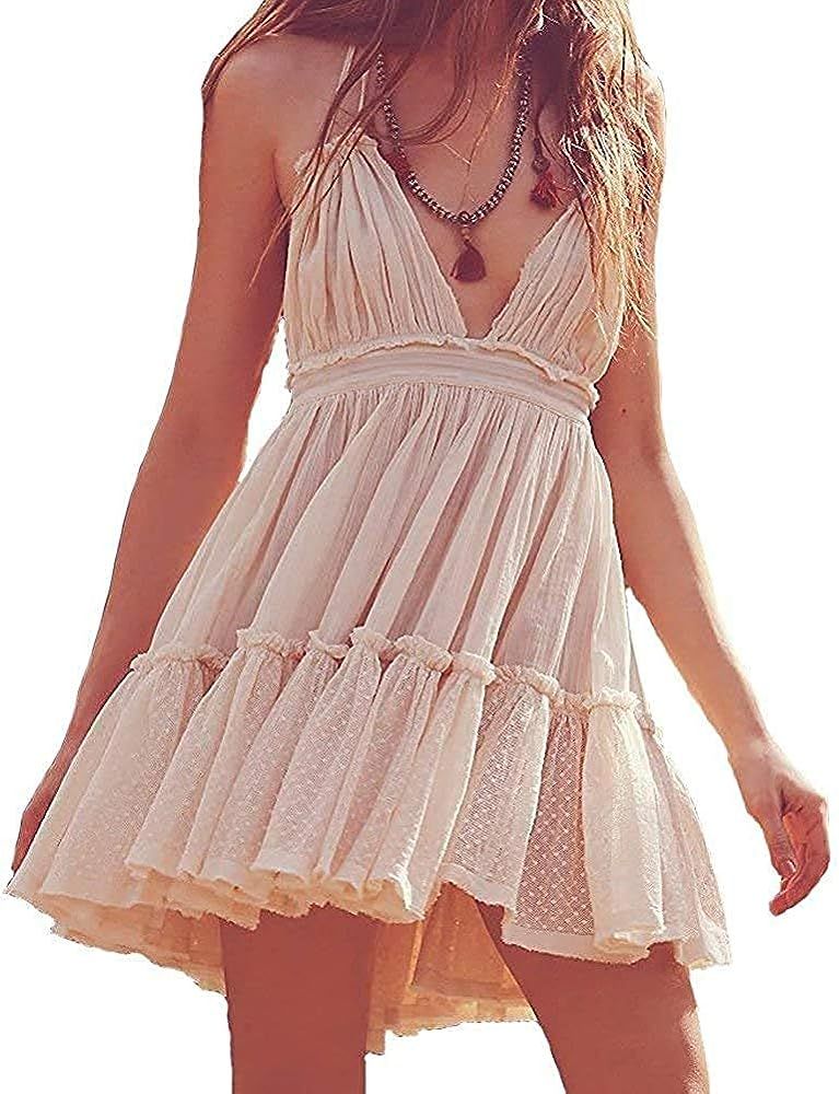 ForeMode Summer Deep V Neck Bohemian Women Mini Short Dress Backless Beach Boho Dress | Amazon (US)