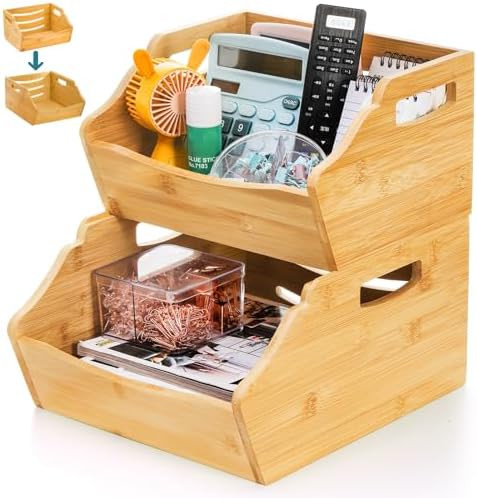 2 Pack Bamboo Stackable Storage Bin, Countertop Open Front Stacking Bins, 2 Tier Organize Basket ... | Amazon (US)