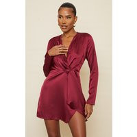 Burgundy Satin Long Sleeve Wrap Dress, Burgundy | PrettyLittleThing IE