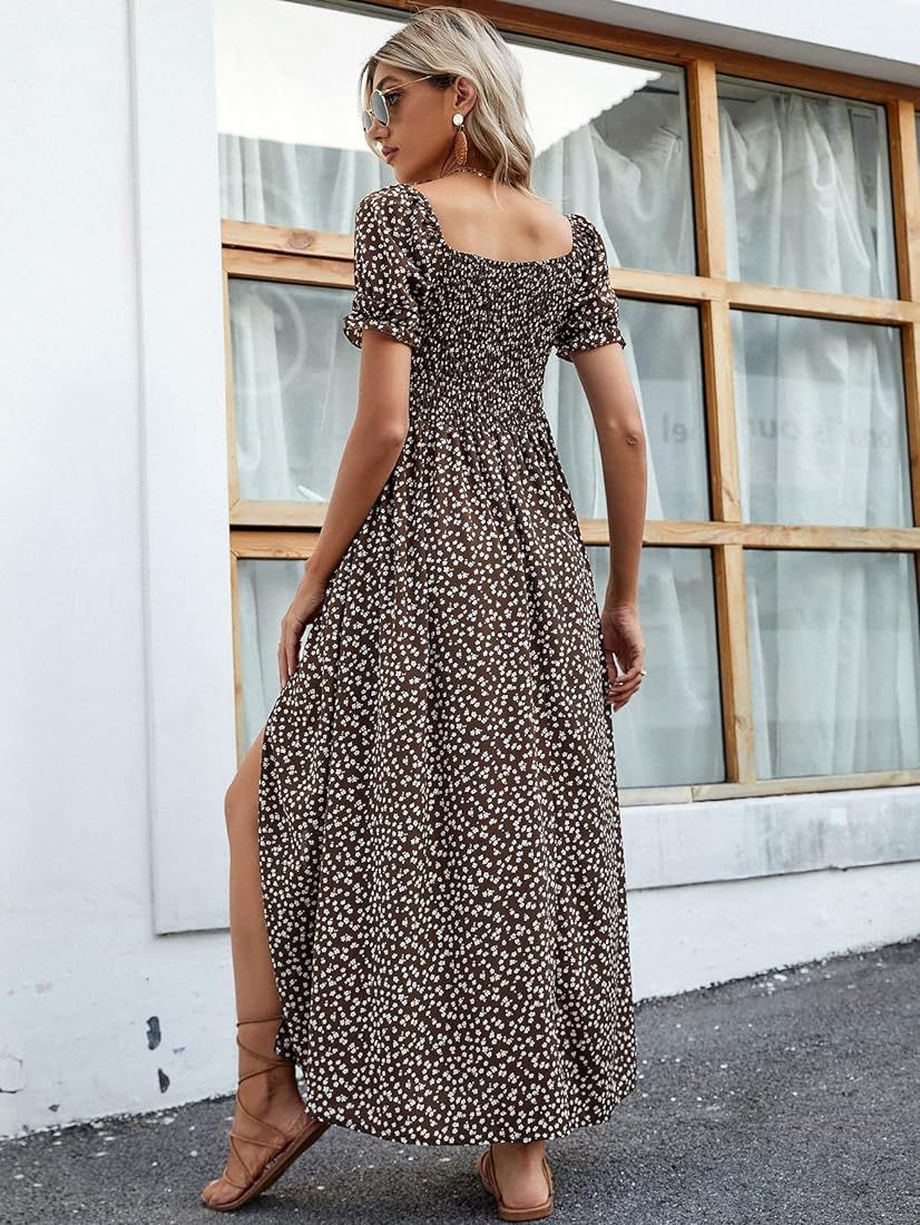SweatyRocks Women's Ditsy Floral Split Thigh Maxi Dress Puff Sleeve Shirred Bodice Long Dresses Boho | Amazon (US)