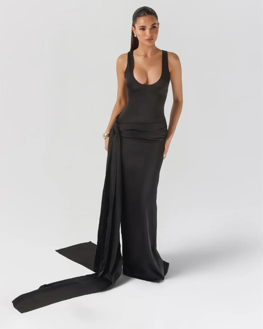 Black low neckline satin sarong maxi dress | Heiress Beverly Hills