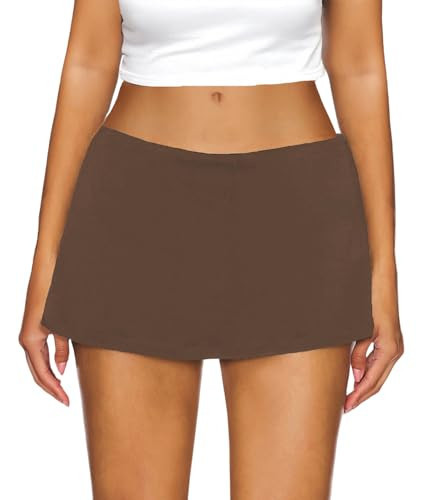 AnotherChill Women's Low Waist Micro Mini Skorts Skirt with Built-in Shorts Sexy Stretch Black Skirts Basic Summer Outfits (Brown, X-Small) | Amazon (US)