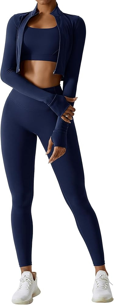 Workout Sets for Women 3 Piece Long Sleeve Zip Up Jacket, Crop Top, High Waisted Yoga Leggings Gy... | Amazon (US)