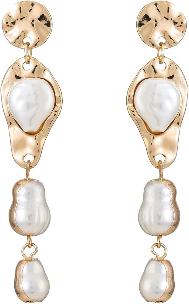 Gold Baroque Pearl Drop Earring，Tassel pearl Chandelier Earrings，Statement Dangle Earrings fo... | Amazon (US)