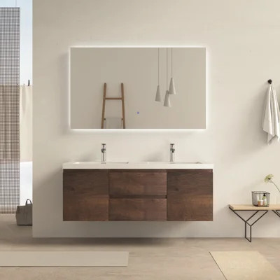 60" Double Rose Wood Bathroom Vanity Wall-mounted Floating vanities with Gloss White Resin Stone Top,2 Drawers 2 Door Modern | Wayfair North America