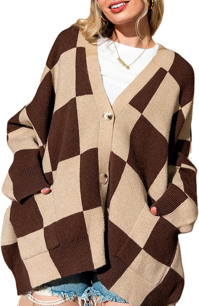 NUFIWI Women Oversized Knit Cardigan Checkered Open Front Long Sleeve Sweater Coat with Pocket Ae... | Amazon (US)