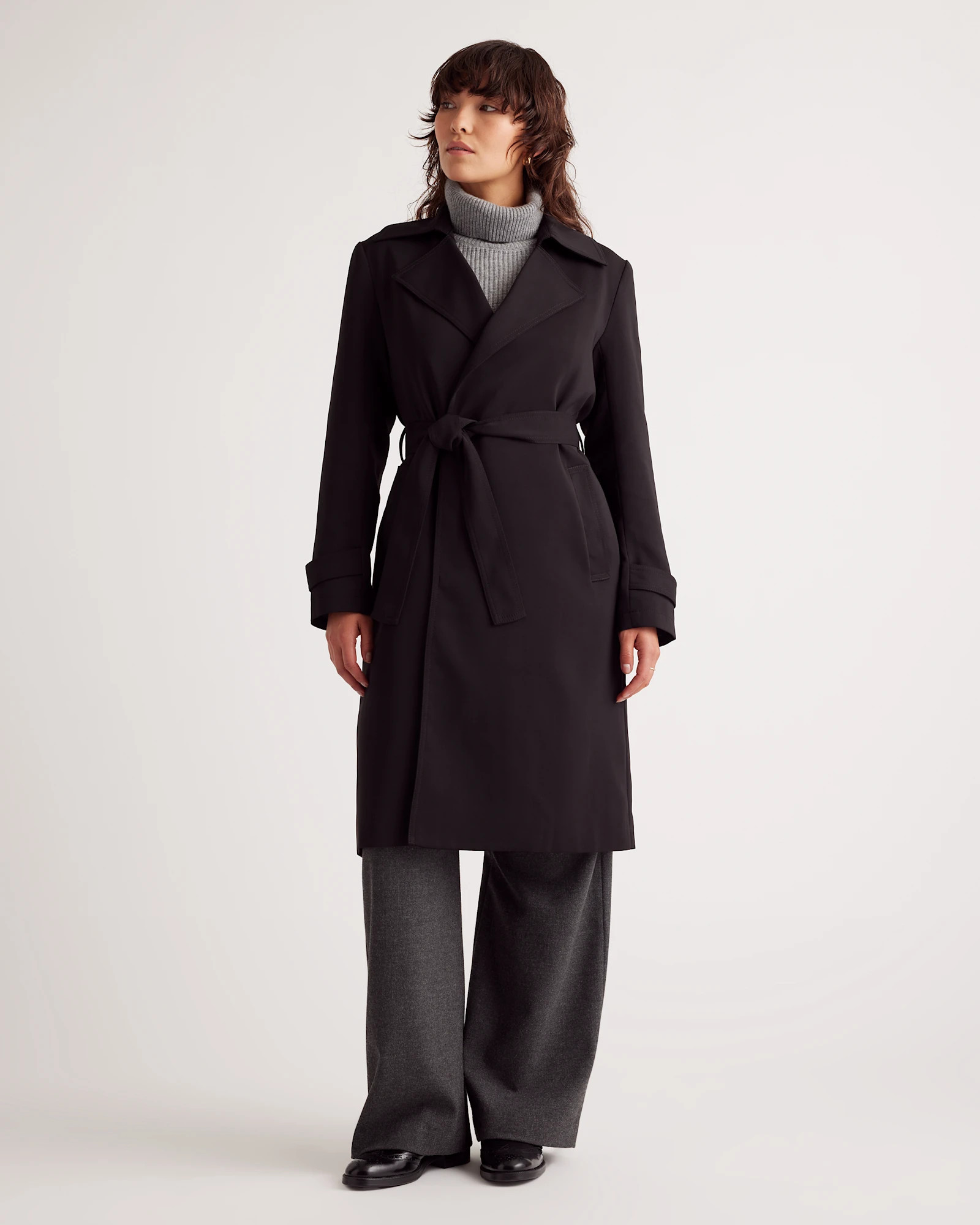 Stretch Crepe Trench Coat in Black | Quince