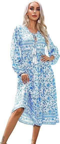 R.Vivimos Women's Long Sleeves Floral Print Retro V Neck Tassel Casual Bohemian Midi Dresses | Amazon (CA)