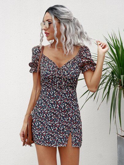 Ditsy Floral Print Tie Front Slit Hem Fitted Dress | SHEIN