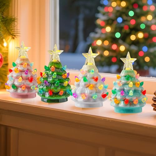 Brightown 4.3 Inch Mini Ceramic Christmas Tree Set - 4 Pack Tabletop Christmas Tree with Multicolored LED Lights, Battery Operated Small Lighted Tree for Home Office Table Holiday Decor, 4 Colors | Amazon (US)