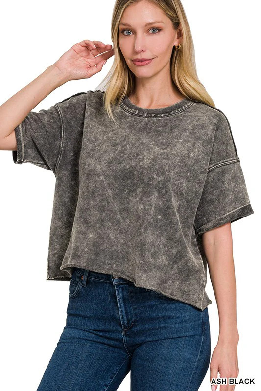 Acid Wash Raw Edge Crop Top ASH BLUE / XL | Casual Chic Boutique
