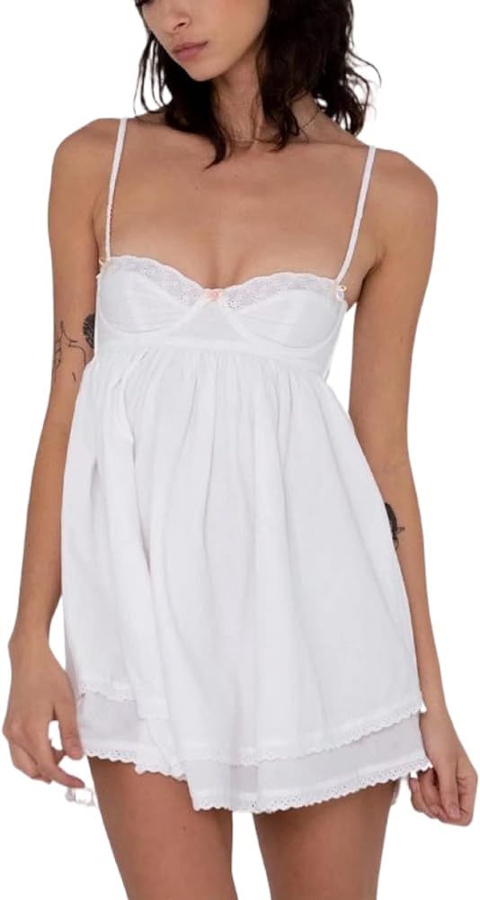 Women Y2k Square Neck Lace Trim Short Dress Low Cut Sleeveless Mini Dress Going Out Spaghetti Str... | Amazon (US)