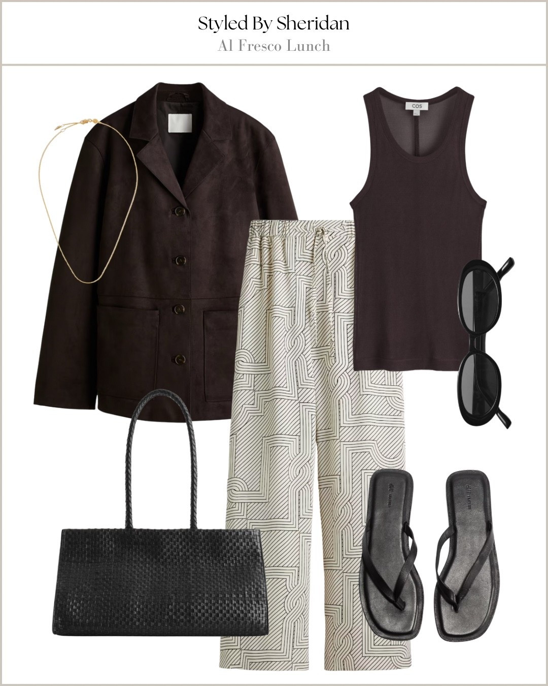 Chocolate brown jacket outfit idea 💡 

Patterned trousers / chocolate brown / woven bag / sandals 

#LTKbag #LTKshoes #LTKstyletip