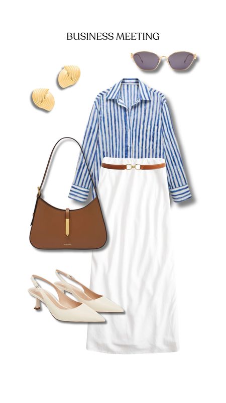Business meeting white skirt outfit blue stripe shirt and sling backs 

#LTKstyletip #LTKshoes #LTKbag