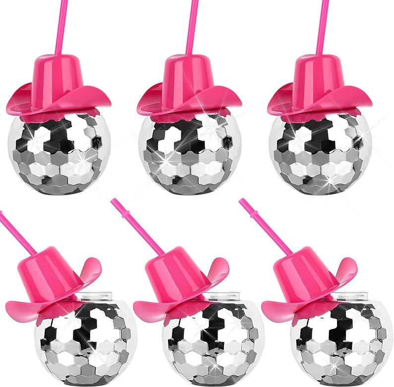 6 PCS Disco Ball Cups Pink Cowgirl Hat Mirror Party Cup with Straws Silver 70s Cocktail Cup Spark... | Amazon (US)