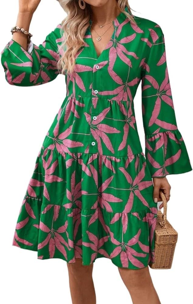 GITEES Dresses for Women Allover Print Flounce Sleeve Ruffle Hem Dress | Amazon (US)