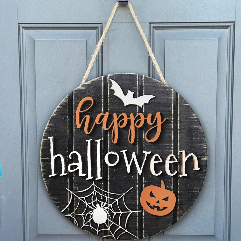 Happy Halloween Door Hanger Fall Door Sign Pumpkin Spider - Etsy | Etsy (US)
