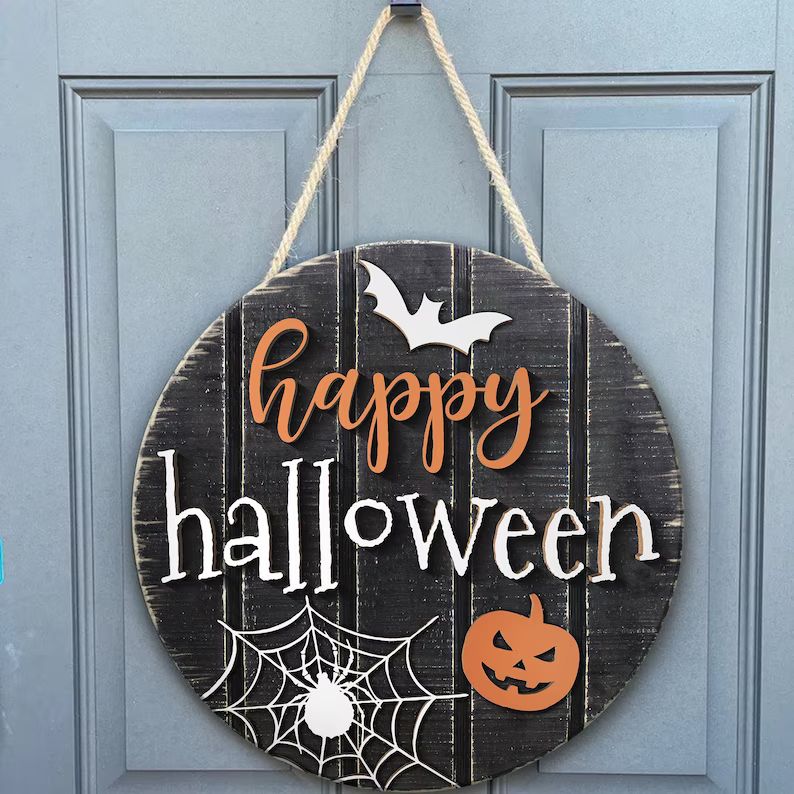 Happy Halloween Door Hanger Fall Door Sign Pumpkin Spider - Etsy | Etsy (US)