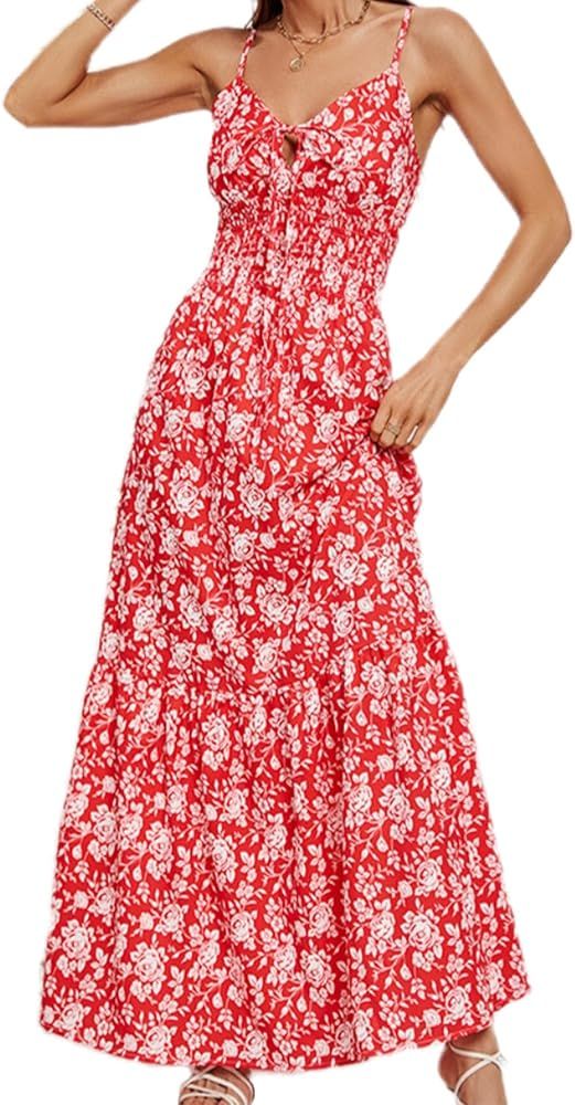 Women's Floral Dress Summer V-Neck Midi Casual Dresses Sexy Print Boho Hawaiian Beach Dress for W... | Amazon (US)