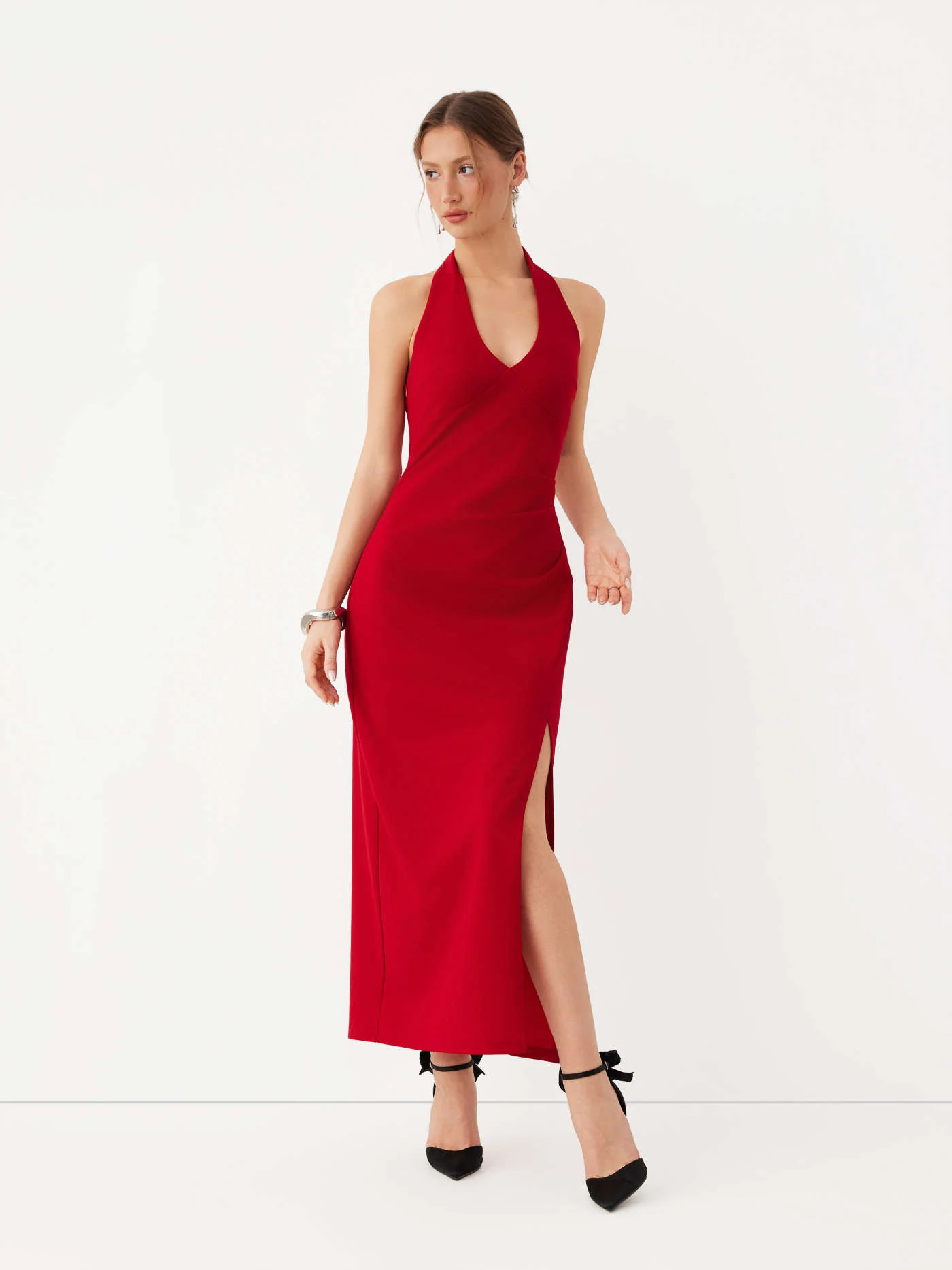 Knit Fabric Halter Neck Backless Split Ruched Bobycon Maxi Dress For Party/Clubbing | Cider