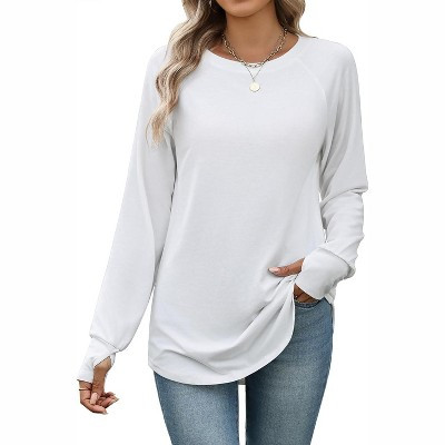 Zeagoo Women's Casual Long Sleeve Shirts Crew Neck Round Hem Loose T-Shirts Tunic Tops with Thumb Holes White XXL | Target