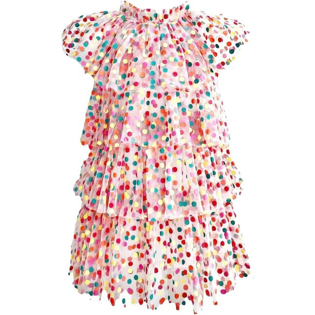 Rainbow Confetti Close Neck & Tired Ruffle Tulle Dress, Dots | Maisonette