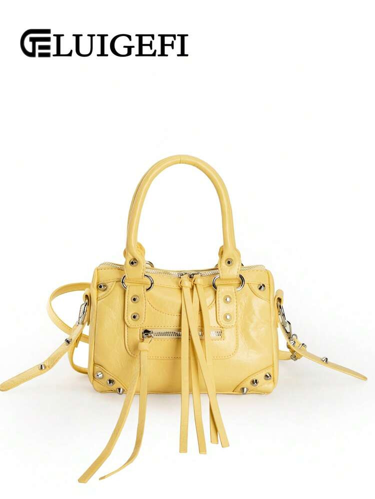 1pc Yellow Patchwork Rivet Inlaid Metal Tassel Zipper Decor Vintage PU Strap Fashion Sweet Cool M... | SHEIN